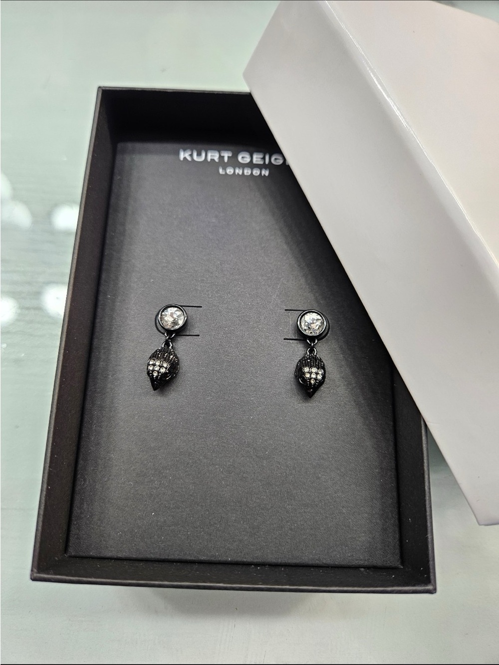 Kurt Geiger Black Crystal Drop Eagle Earrings with Clear Stones - Picture 3 of 5